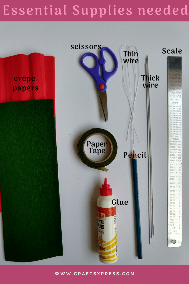 Materials required for making paper rose with stem